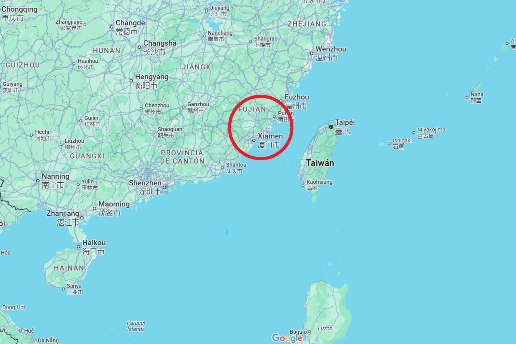 Mapa de localización de Fujian, en el sureste de China. Imagen: Google Maps.