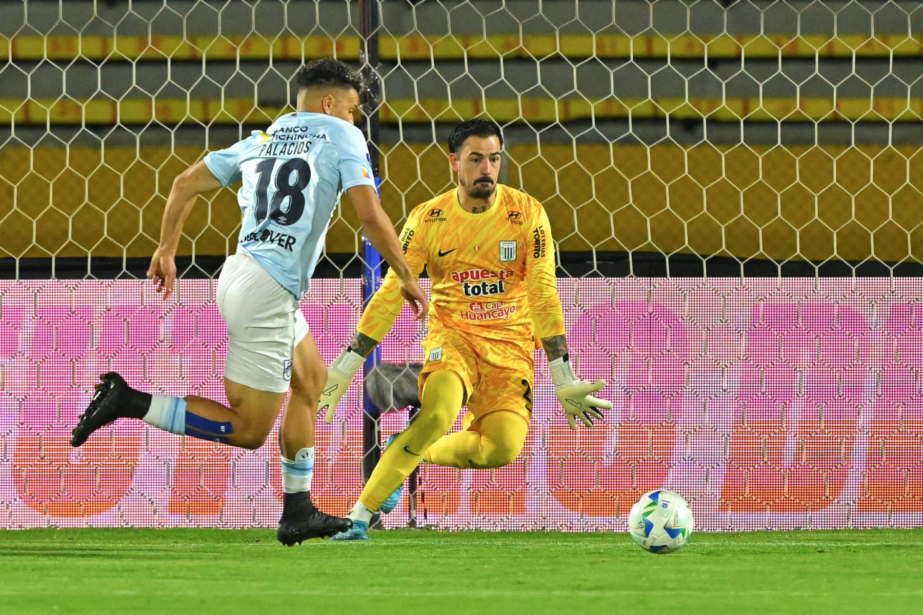 El delantero de la Universidad Católica, Byron Palacios, y el portero boliviano de Alianza Lima, Guillermo Viscarra, luchan por el balón durante el partido de vuelta de octavos de final de la Copa Sudamericana entre la Universidad Católica de Ecuador y Alianza Lima de Perú en el Estadio Olímpico Atahualpa en Quito el 20 de agosto de 2025. Foto: AFP