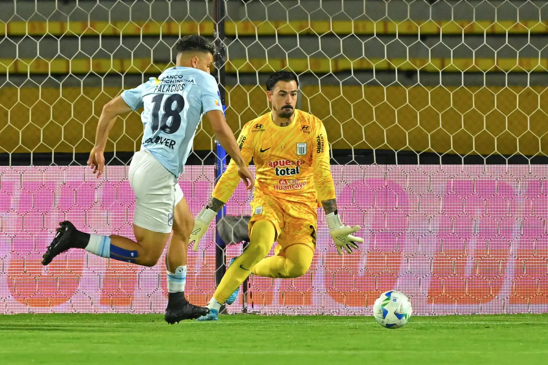 El delantero de la Universidad Católica, Byron Palacios, y el portero boliviano de Alianza Lima, Guillermo Viscarra, luchan por el balón durante el partido de vuelta de octavos de final de la Copa Sudamericana entre la Universidad Católica de Ecuador y Alianza Lima de Perú en el Estadio Olímpico Atahualpa en Quito el 20 de agosto de 2025. Foto: AFP
