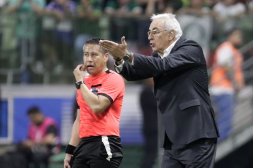 El entrenador de Universitario Jorge Fossati (d) reacciona este jueves, en un partido de los octavos de final de la Copa Libertadores entre Palmeiras y Universitario en el estadio Allianz Parque en Sao Paulo. Foto: EFE