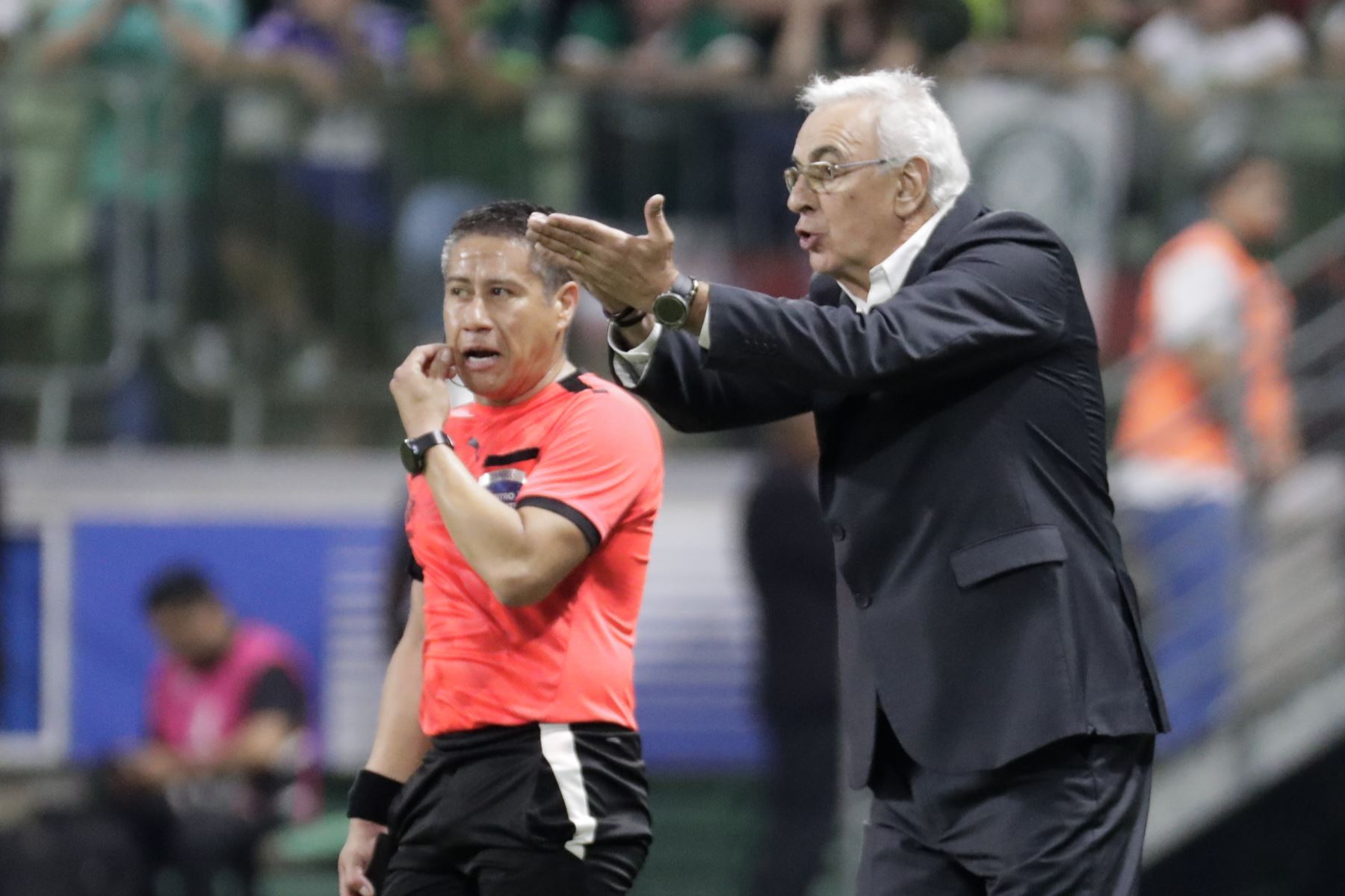 El entrenador de Universitario Jorge Fossati (d) reacciona este jueves, en un partido de los octavos de final de la Copa Libertadores entre Palmeiras y Universitario en el estadio Allianz Parque en Sao Paulo. Foto: EFE
