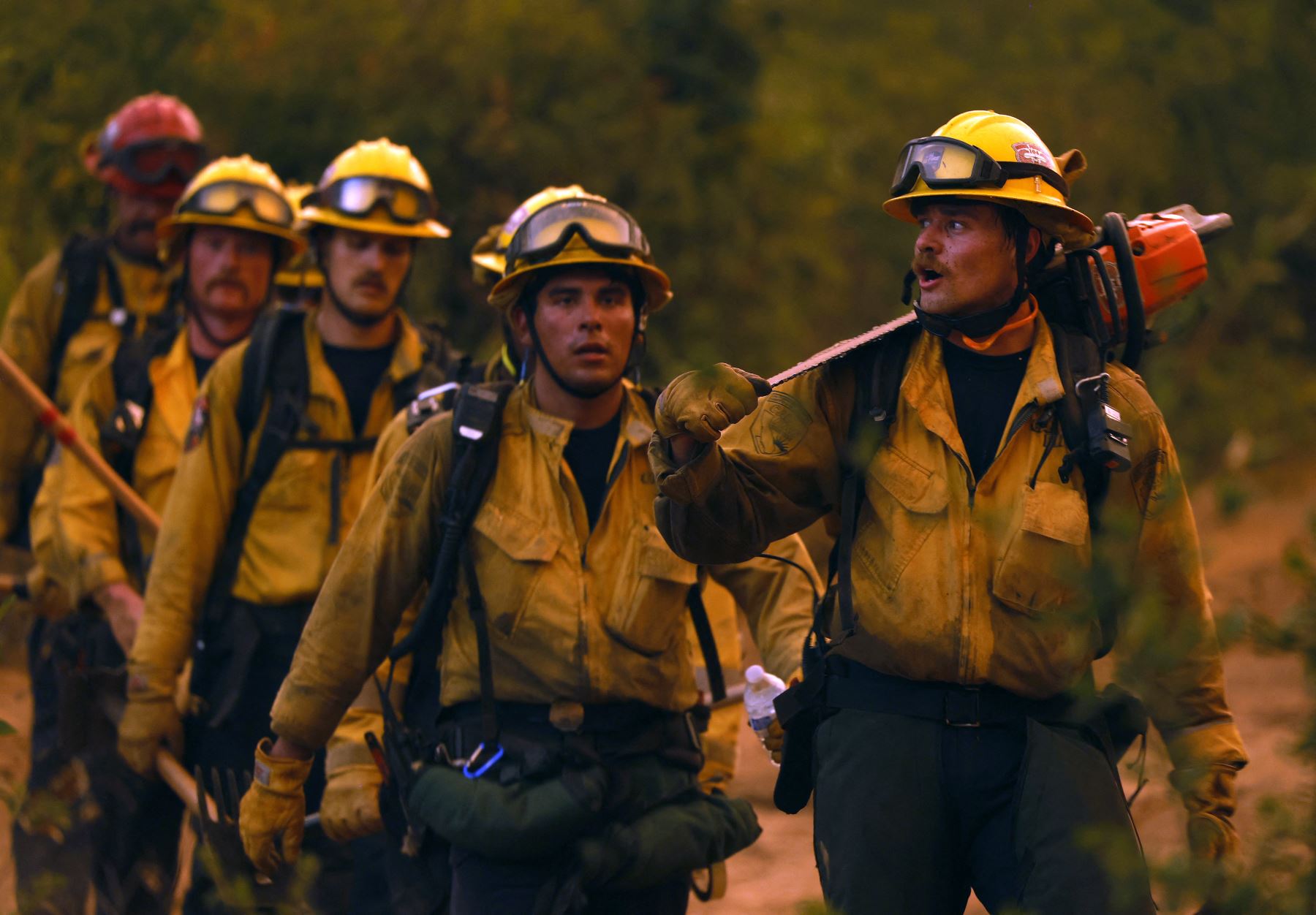 Los bomberos de Cal Fire caminan por una línea de excavadoras mientras luchan contra el incendio de Pickett en Calistoga, California. AFP