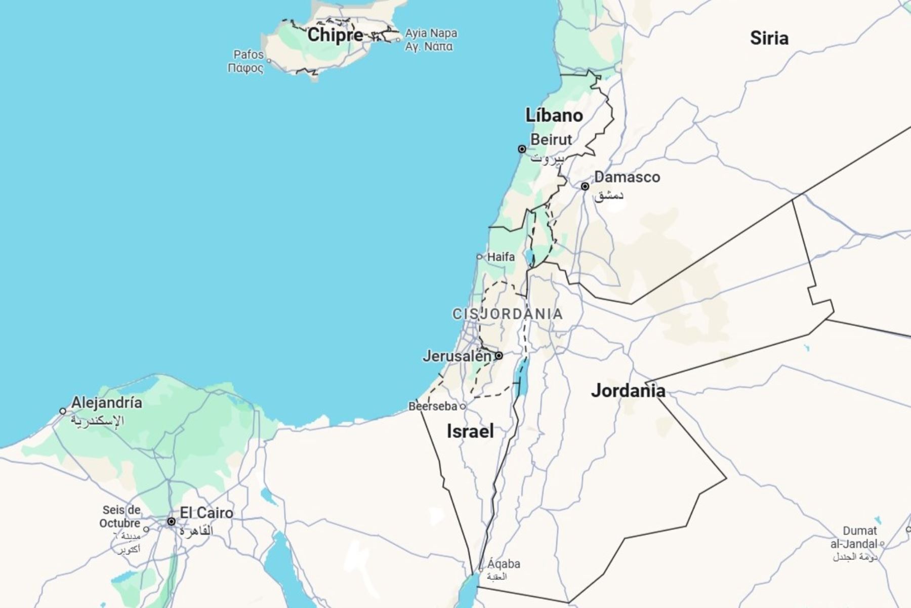 Mapa de ubicación: Líbano e Israel en Oriente Medio. Imagen: Google Maps.