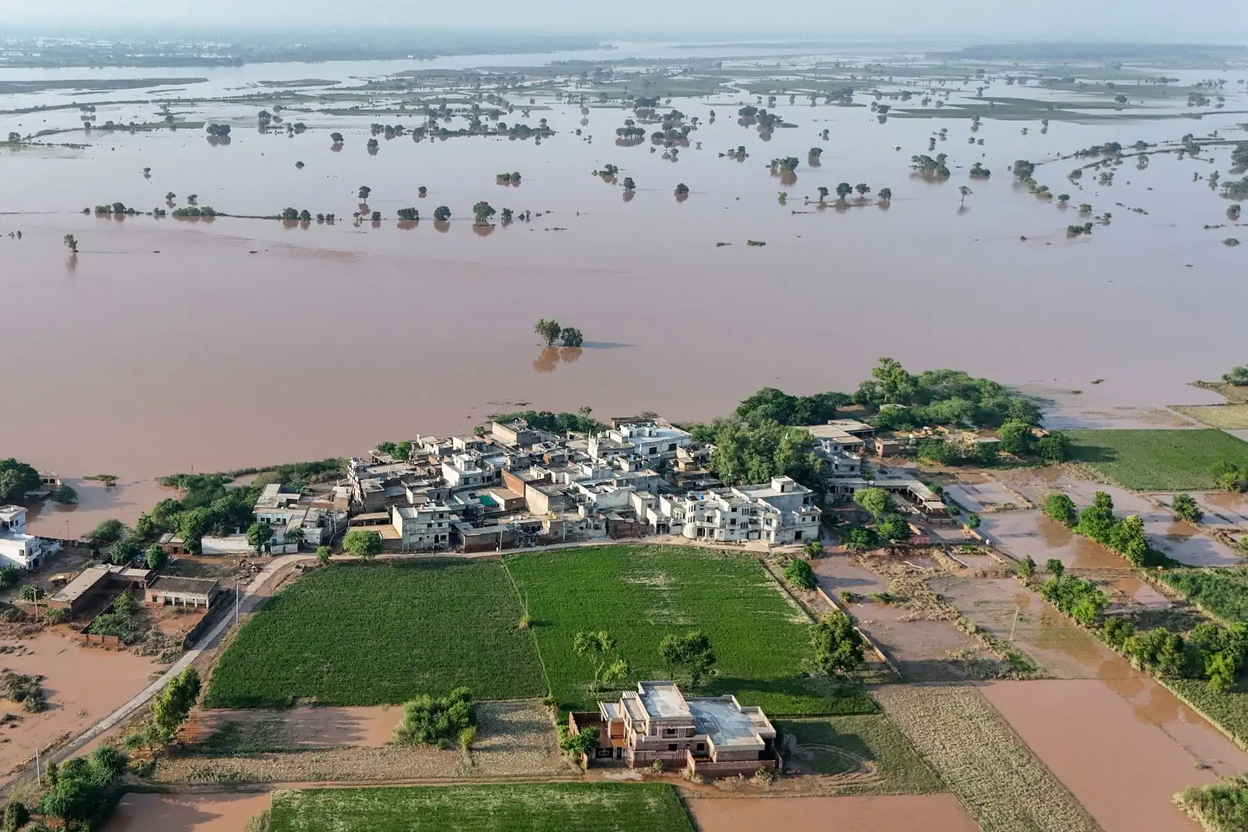 Esta fotografía aérea muestra casas sumergidas por las inundaciones en la aldea de Chak Ali Sher, en el distrito de Wazirabad. AFP