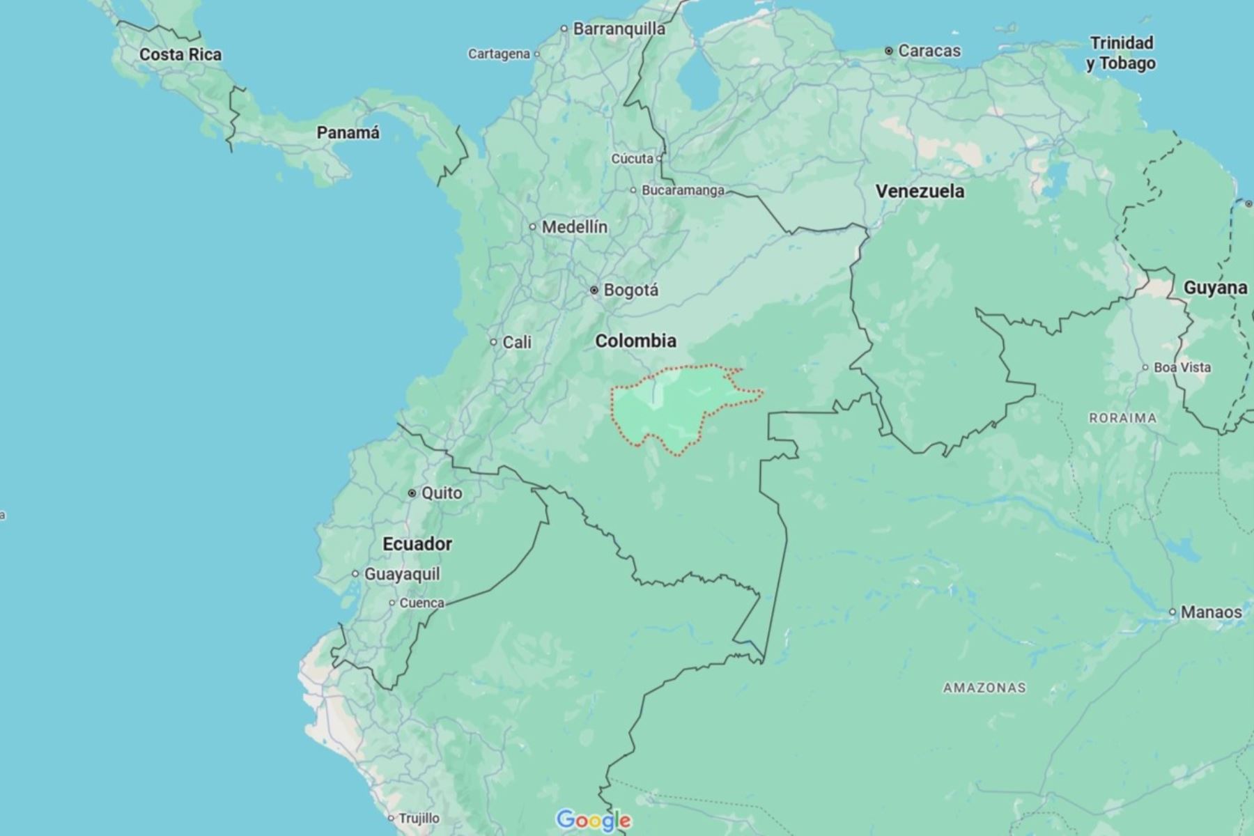 Mapa de localización del departamento de Guaviare, en el sureste de Colombia. Imagen: Google Maps.