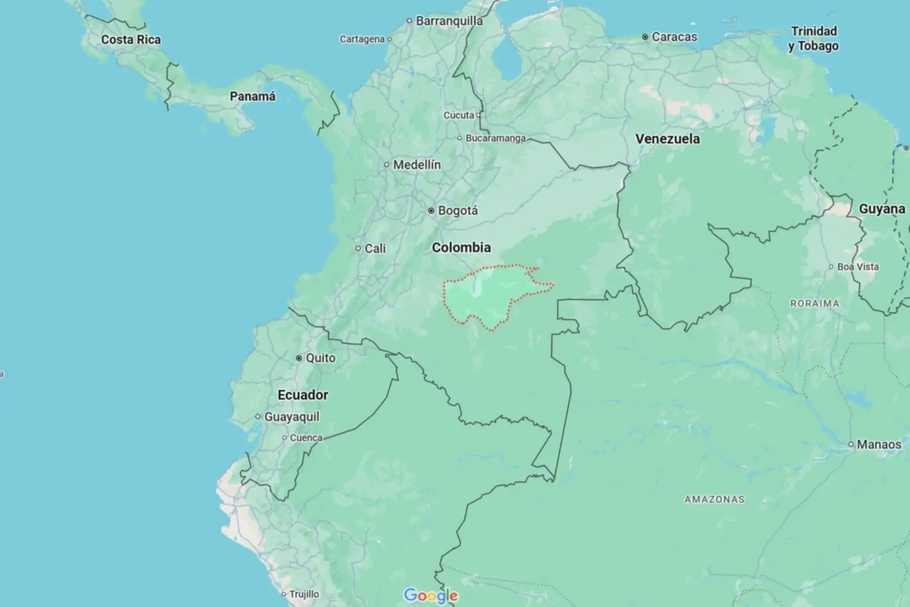 Mapa de localización del departamento de Guaviare, en el sureste de Colombia. Imagen: Google Maps.