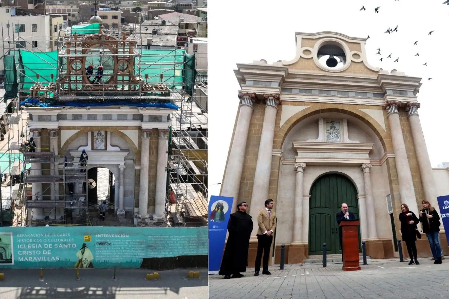 El proceso de restauración de la Iglesia Santo Cristo de las Maravillas, en Barrios Altos, fue liderado por el Programa Municipal para la Recuperación del Centro Histórico de Lima (Prolima). Los trabajos incluyeron limpieza, consolidación estructural y conservación de la fachada, devolviendo el valor histórico y arquitectónico a este templo emblemático. La obra concluyó con una ceremonia presidida por el alcalde de Lima, Rafael López Aliaga. Foto: ANDINA/Composición digital con fotos de Jhonel Rodríguez Robles y Lino Chipana