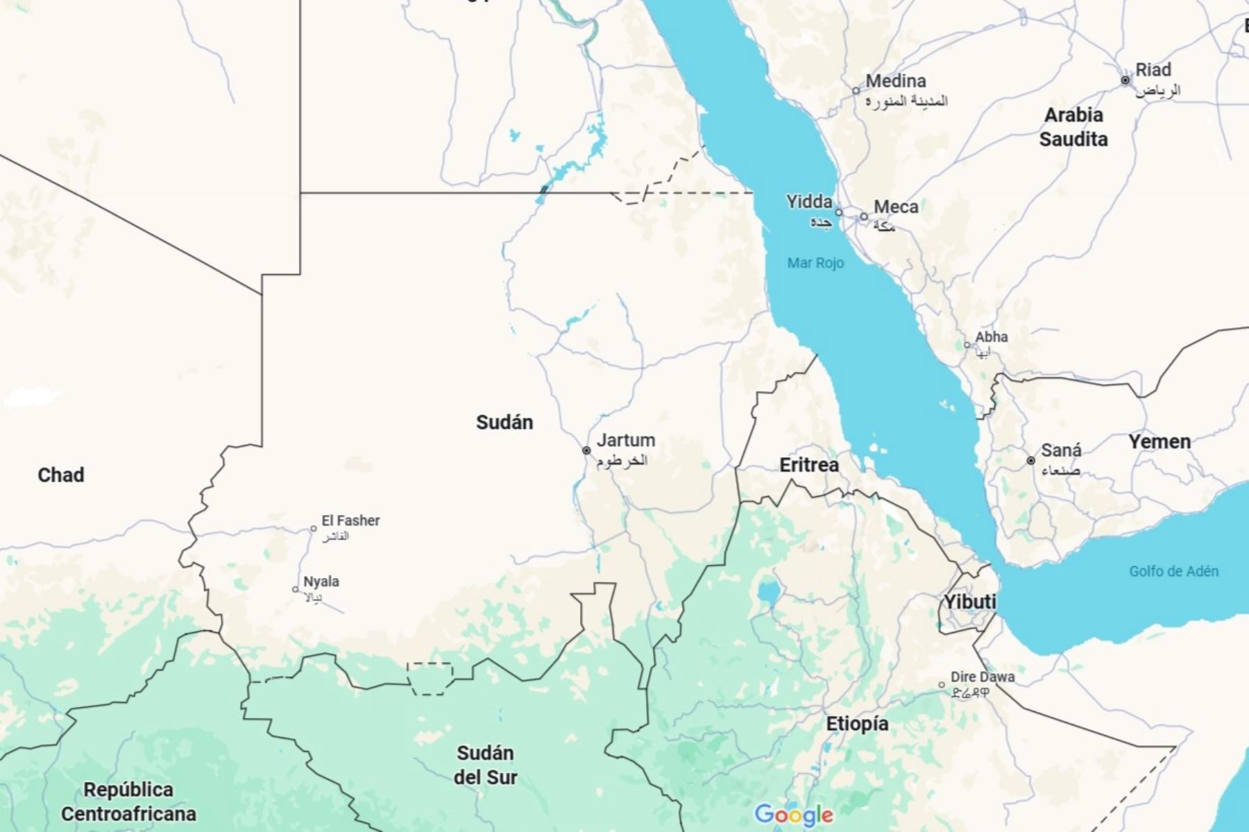 Mapa de Sudán, en África, donde un alud mató a cerca de mil personas. Imagen: Google Maps.