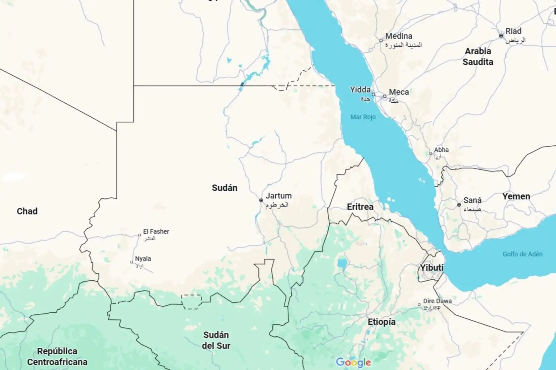 Mapa de Sudán, en África, donde un alud mató a cerca de mil personas. Imagen: Google Maps.