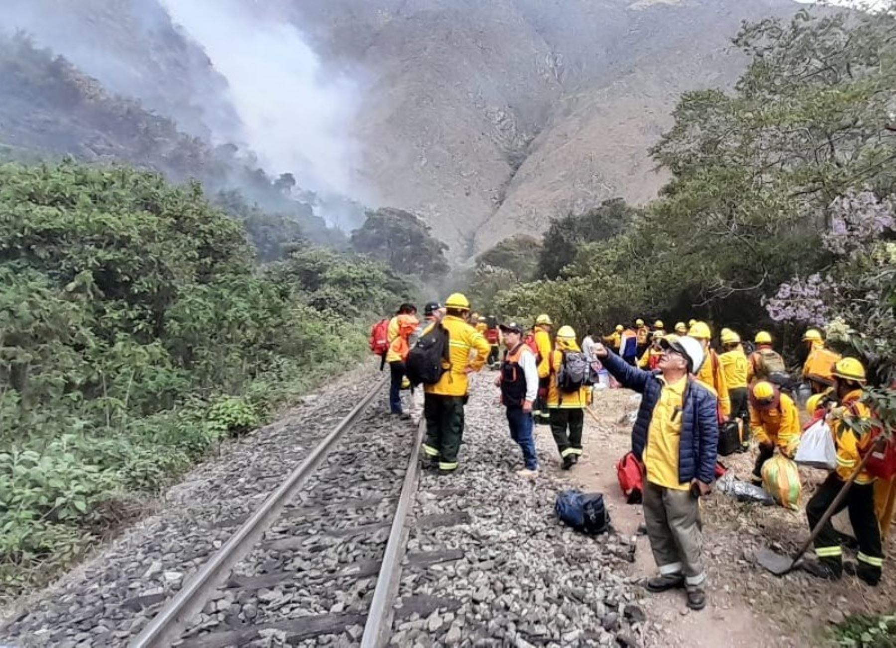 Cerca de 50 bomberos forestales del Sernanp combaten el incendio forestal que se registra en el Parque Arqueológico Machu Picchu, región Cusco, que arrasó con 13 hectáreas de cobertura arbustiva y árboles nativos. ANDINA/Difusión