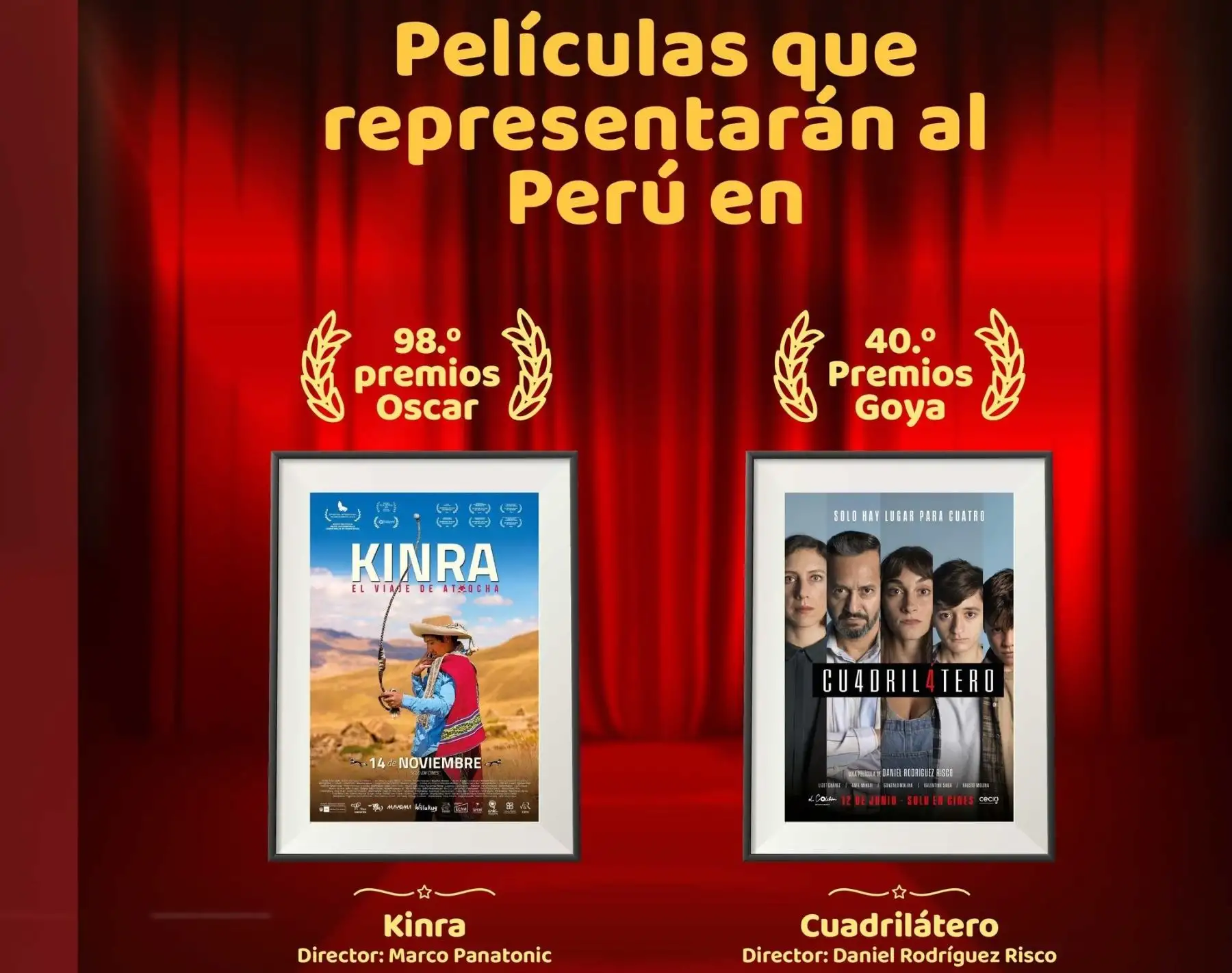 El Ministerio de Cultura informó que fueron seleccionadas las películas nacionales que representarán al Perú en los premios Óscar y Goya 2025. ANDINA/Difusión