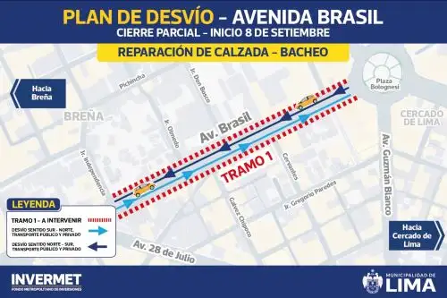 Obras de mejoramiento de pista y acera se realizarán a partir de hoy lunes 8 de setiembre, en horario nocturno, en las avenidas Brasil y Los Alisos. Por lo cual, se ha implementado un plan de desvío. Foto: ANDINA/Difusión