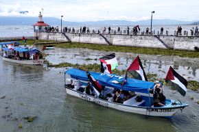 Vista aérea de embarcaciones con miembros del Comité de Solidaridad con Palestina en México, el 7 de septiembre (imagen referencial). Foto: AFP.