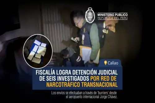 La Tercera Fiscalía Provincial Corporativa Especializada en Delitos de Tráfico Ilícito de Drogas – Sede Callao logró la detención preliminar judicial de cuatro presuntos integrantes de red criminal transnacional dedicada al envío de clorhidrato de cocaína mediante correos humanos o ‘burriers’, desde el aeropuerto internacional Jorge Chávez. Foto: ANDINA/Difusión