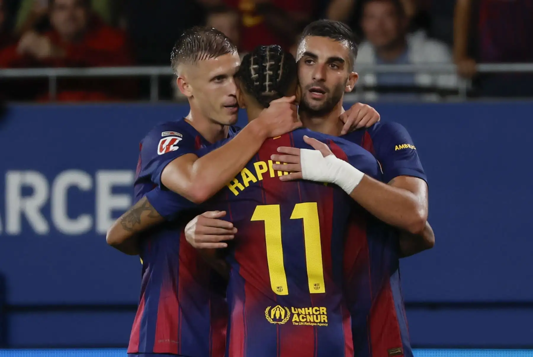 El delantero del Barcelona, Ferran Torres, celebra tras anotar el segundo gol del equipo durante el partido de la jornada 5 de La Liga EA Sports que disputan FC Barcelona y Getafe CF este domingo en el Estadi Johan Cruyff. Foto: EFE