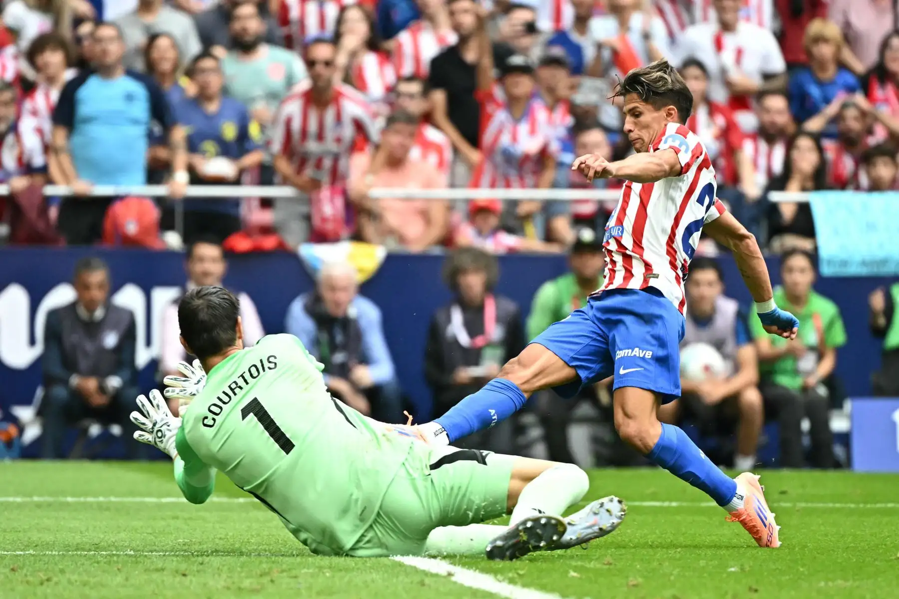 El delantero argentino  del Atlético de Madrid, Giuliano Simeone, desafía al portero belga  del Real Madrid, Thibaut Courtois, durante el partido de la liga española entre el Club Atlético de Madrid y el Real Madrid CF en el estadio Metropolitano de Madrid.
Foto: AFP
