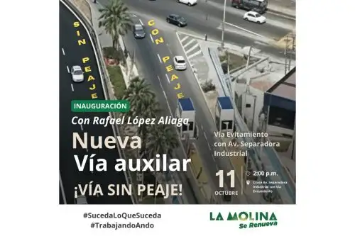 Lima y La Molina inauguran mañana sábado vía que evitará pago de peaje. Foto: Difusión