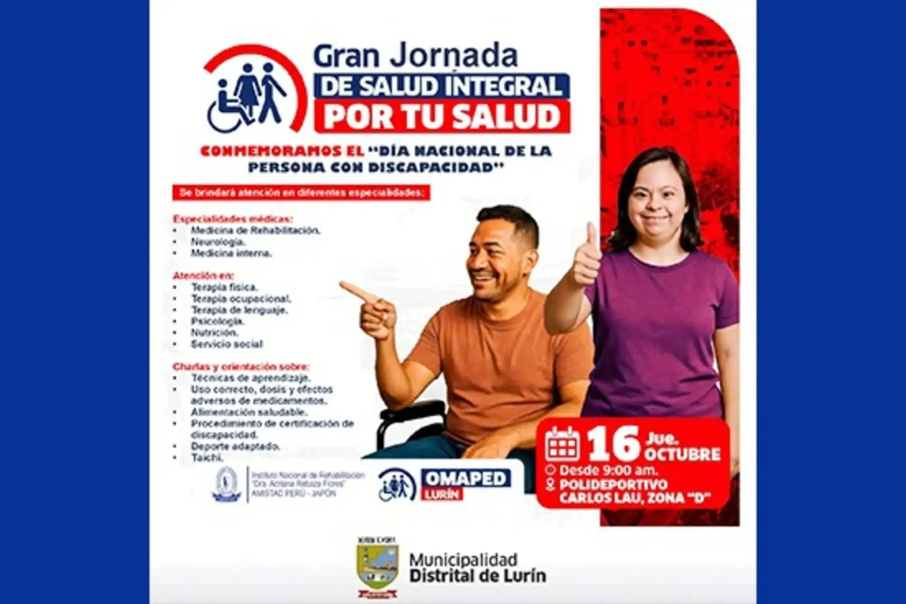 Lurín: INR brindará hoy atención integral a personas con discapacidad en jornada de salud