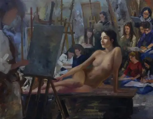 Artista Ingrid Arias con su pintura Sesión de modelo que es parte de la nuestra.