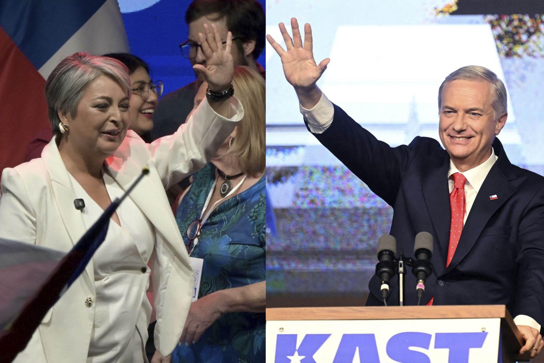 Los candidatos presidenciales de Chile, Jeannette Jara y José Antonio Kast, saludaron a sus seguidores y ofrecieron sus primeros discursos tras la difusión de los resultados preliminares de las encuestas a boca de urna de las elecciones generales, en Santiago, el 16 de noviembre de 2025. Foto: AFP