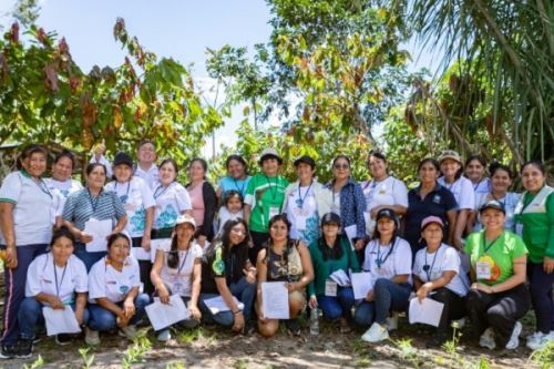 Un gruo de 25 lideresas productoras de cacao sostenible de Amazonas, Ayacucho, Cusco, Pasco, Piura, Tumbes y San Martín se reunieron en el evento de Intercambio Nacional de Experiencias en Pango, Junín en noviembre de 2025. Foto: Cortesía.