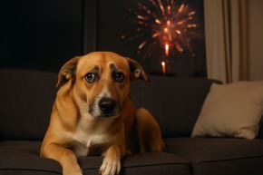 Mascotas asustadas por uso de pirotécnicos. Foto: Imagen creada con Inteligencia Artificial