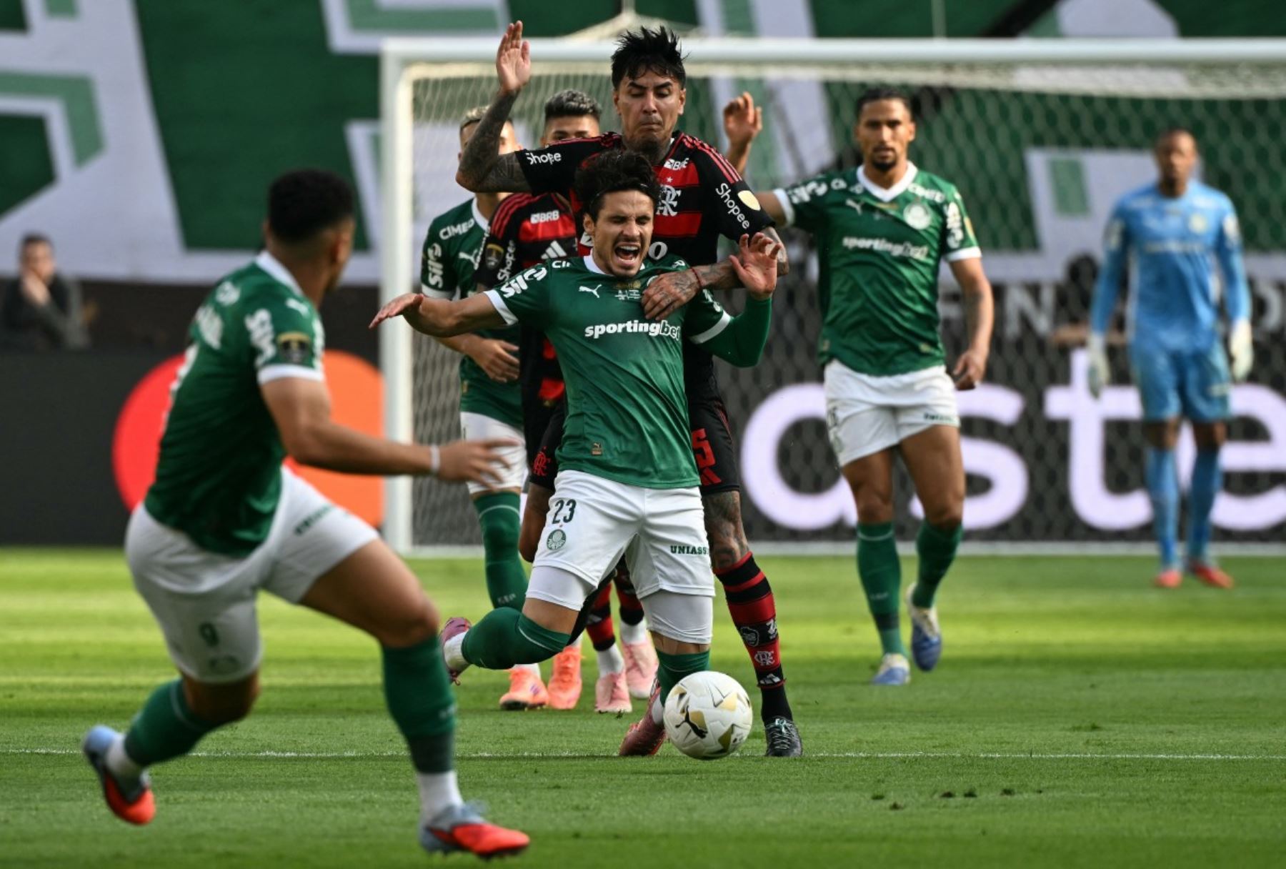 El centrocampista del Palmeiras #23 Raphael Veiga y el centrocampista chileno del Flamengo #05 Erick Pulgar luchan por el balón durante el partido final de fútbol de la Copa Libertadores brasileña entre Palmeiras y Flamengo en el estadio Monumental 