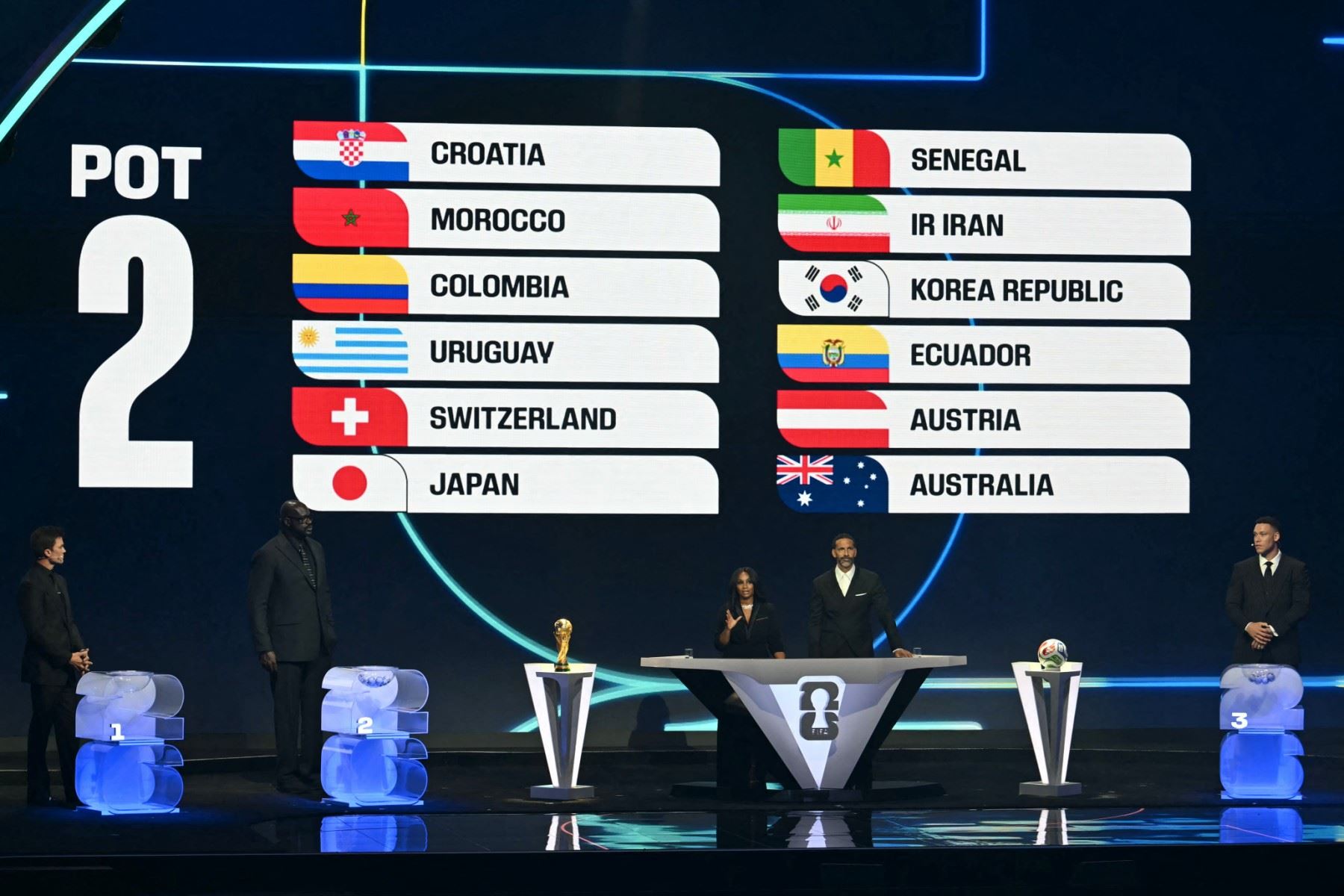 Las naciones del Bombo 2 se muestran en una pantalla durante el sorteo de la Copa Mundial de Fútbol de la FIFA 2026 que se lleva a cabo en Estados Unidos, Canadá y México, en el Kennedy Center, en Washington, DC. AFP