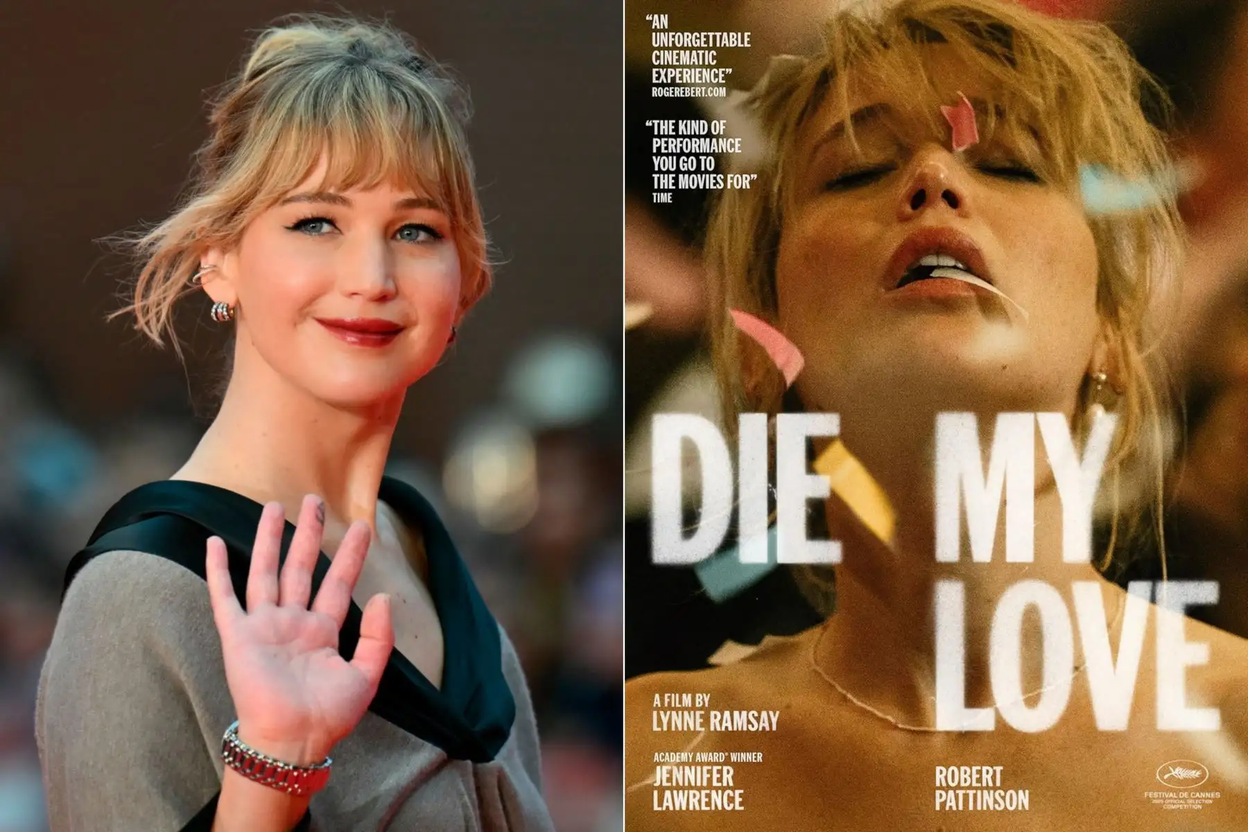 La actriz estadounidense Jennifer Lawrence vuelve a competir en los Globos de Oro 2026 por su interpretación en Die, My Love, adaptación de la novela homónima que retrata la lucha de una mujer contra una profunda depresión posparto mientras intenta sostener a su familia en un entorno rural francés. Lawrence encarna con crudeza y humanidad este descenso emocional, motivo por el cual su actuación ha sido ampliamente elogiada y reconocida con esta nominación. Foto: Composición digital con fotos de AFP y Difusi