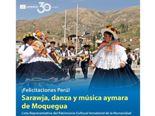 El Sarawja, género musical y danza de origen aimara que se escenifica en Moquegua, es la última expresión cultural de Perú que recibió la distinción de Patrimonio Cultural de la Humanidad por la Unesco. ANDINA/Difusión