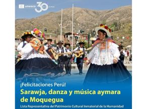 El Sarawja, género musical y danza de origen aimara que se escenifica en Moquegua, es la última expresión cultural de Perú que recibió la distinción de Patrimonio Cultural de la Humanidad por la Unesco. ANDINA/Difusión