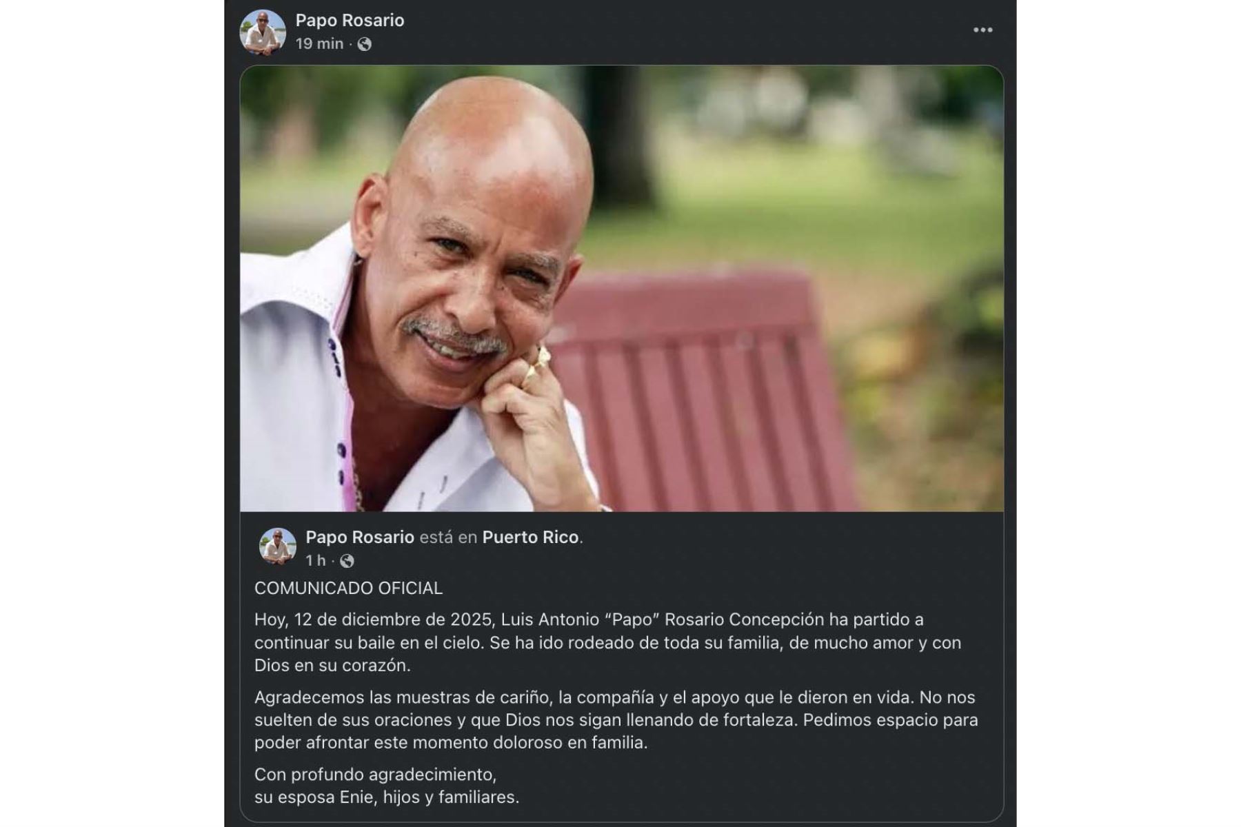 Luis Antonio “Papo” Rosario, histórico exintegrante de El Gran Combo de Puerto Rico, falleció este viernes 12 de diciembre a los 78 años, así lo confirmó su familia en un comunicado difundido en redes sociales. Rosario, quien durante 38 años fue parte de la legendaria orquesta salsera conocida como “La Universidad de la Salsa”, se destacó internacionalmente y popularizó temas como Carbonerito.  Foto: Facebook de papo Rosario