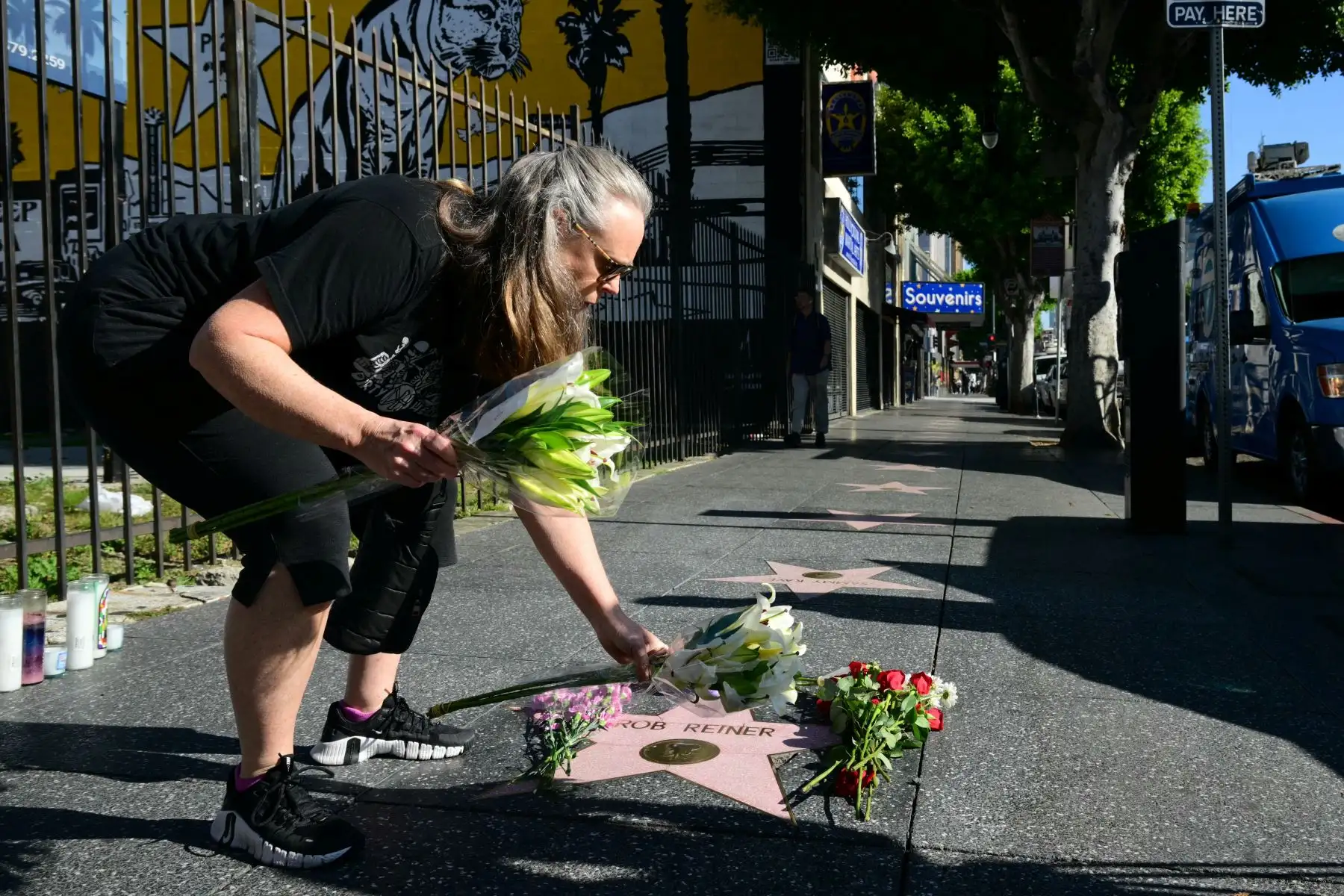 Una mujer coloca flores en la estrella del actor y director estadounidense Rob Reiner en el Paseo de la Fama de Hollywood en Los Ángeles, California, el 15 de diciembre de 2025, tras ser hallado muerto en su mansión junto a su esposa. Foto: AFP