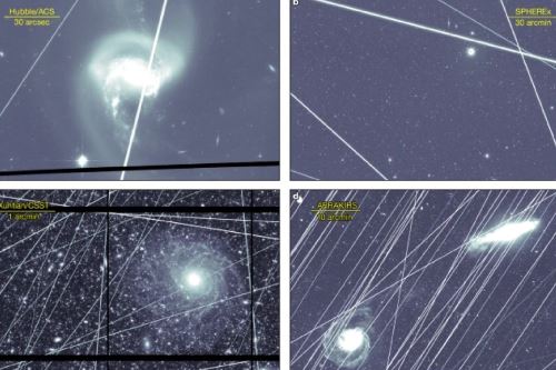 Los investigadores simularon el impacto que podrían tener estos 560.000 satélites en cuatro telescopios estelares. Foto:Nature/NASA