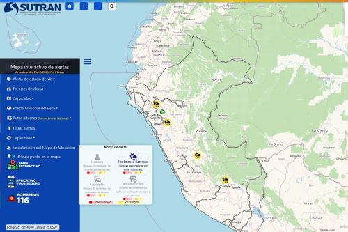 Mapa interactivo de Sutran muestra el estado de las carreteras a nivel nacional en tiempo real. Imagen: Sutran/Difusión.