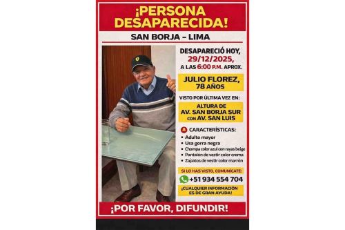 Julio Flórez Rojas, desapareció la noche del 29 de diciembre. Foto: ANDINA/Difusión