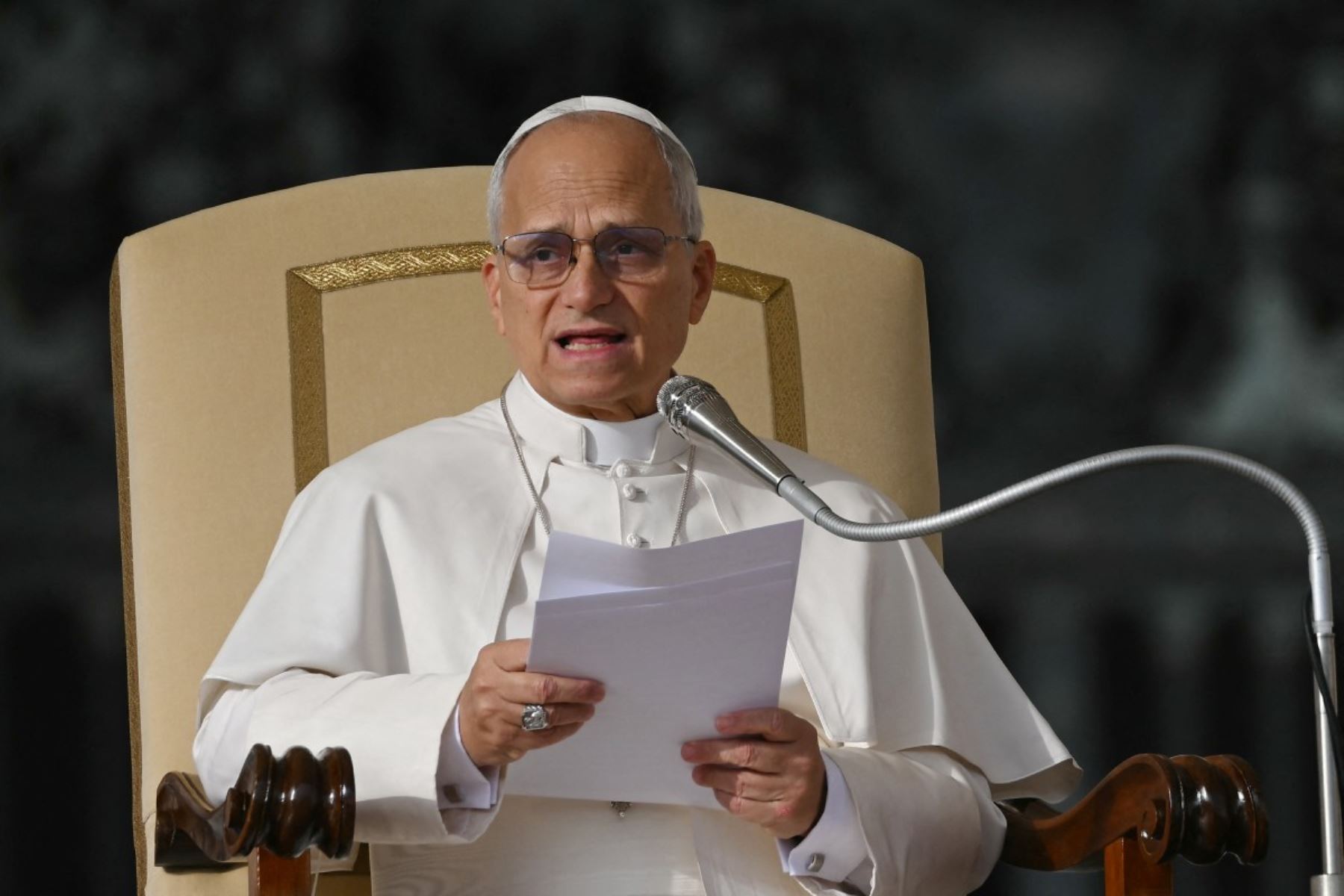El Papa León XIV pronuncia un discurso mientras dirige su audiencia general semanal en la Plaza de San Pedro, en el Vaticano. AFP