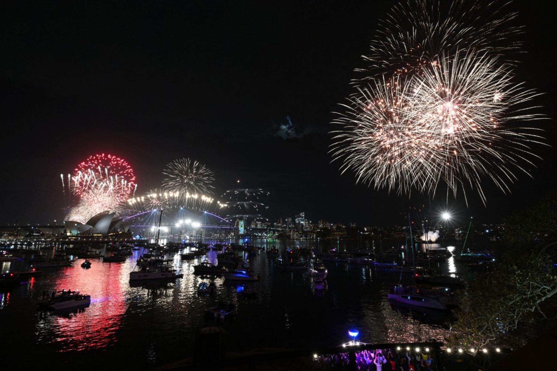Los fuegos artificiales iluminan el cielo de medianoche sobre el Puente del Puerto de Sídney y la Ópera de Sídney durante las celebraciones del Día de Año Nuevo en Sídney. AFP