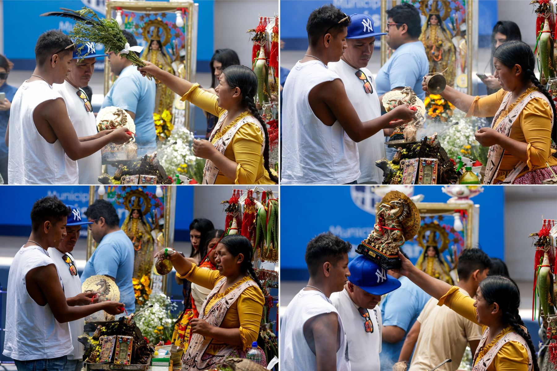 Un padre y su hijo participan juntos en un ritual de florecimiento, mientras reciben sahumerios y ofrendas destinadas a atraer bienestar y protección para el año venidero. La escena refleja cómo estas prácticas se viven en familia durante la feria, guiadas por curanderas que llegan cada año a Lima desde Puno o Bolivia. Foto: ANDINA/Luis Iparraguirre