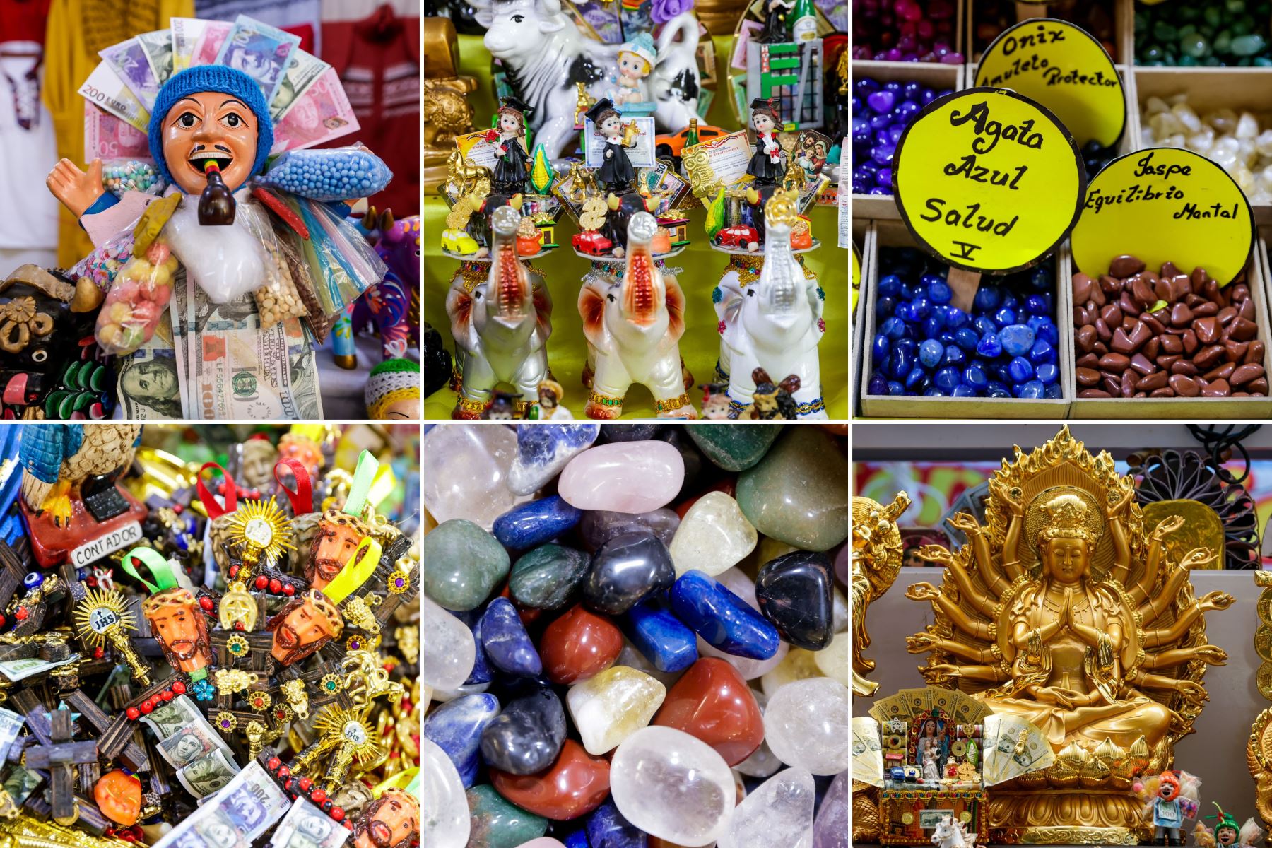 Figuras del Ekeko, animales en miniatura, piedras energéticas y amuletos religiosos conforman la diversidad de objetos que se ofrecen en la feria. Cada pieza simboliza un deseo específico (dinero, trabajo, salud o protección) y es elegida por los asistentes como representación de aquello que esperan concretar durante el próximo año. Foto: ANDINA/Luis Iparraguirre