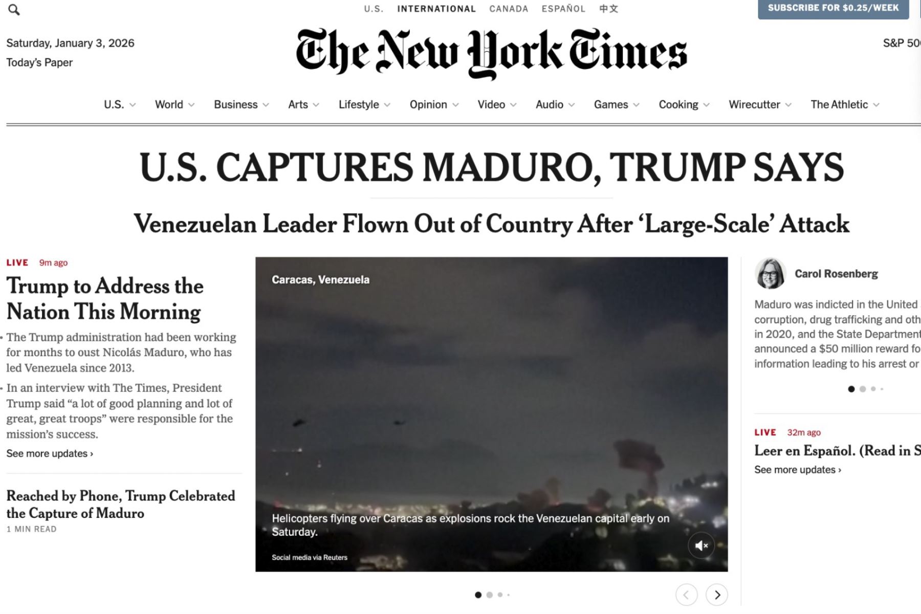 The New York Times informa sobre la captura de Nicolás Maduro en venezuela. Foto: Captura