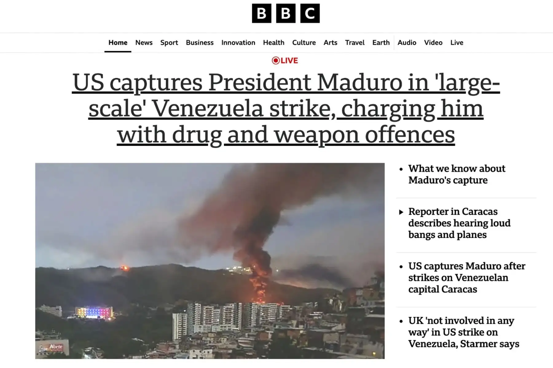 BBC de Londres informa sobre la captura de Nicolás Maduro en venezuela. Foto: Captura