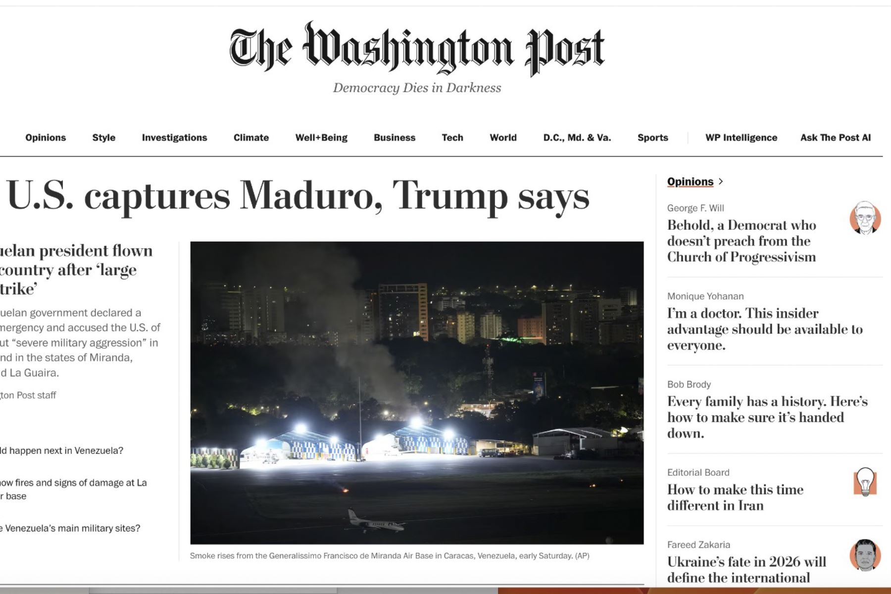The Washington Post informa sobre la captura de Nicolás Maduro en venezuela. Foto: Captura