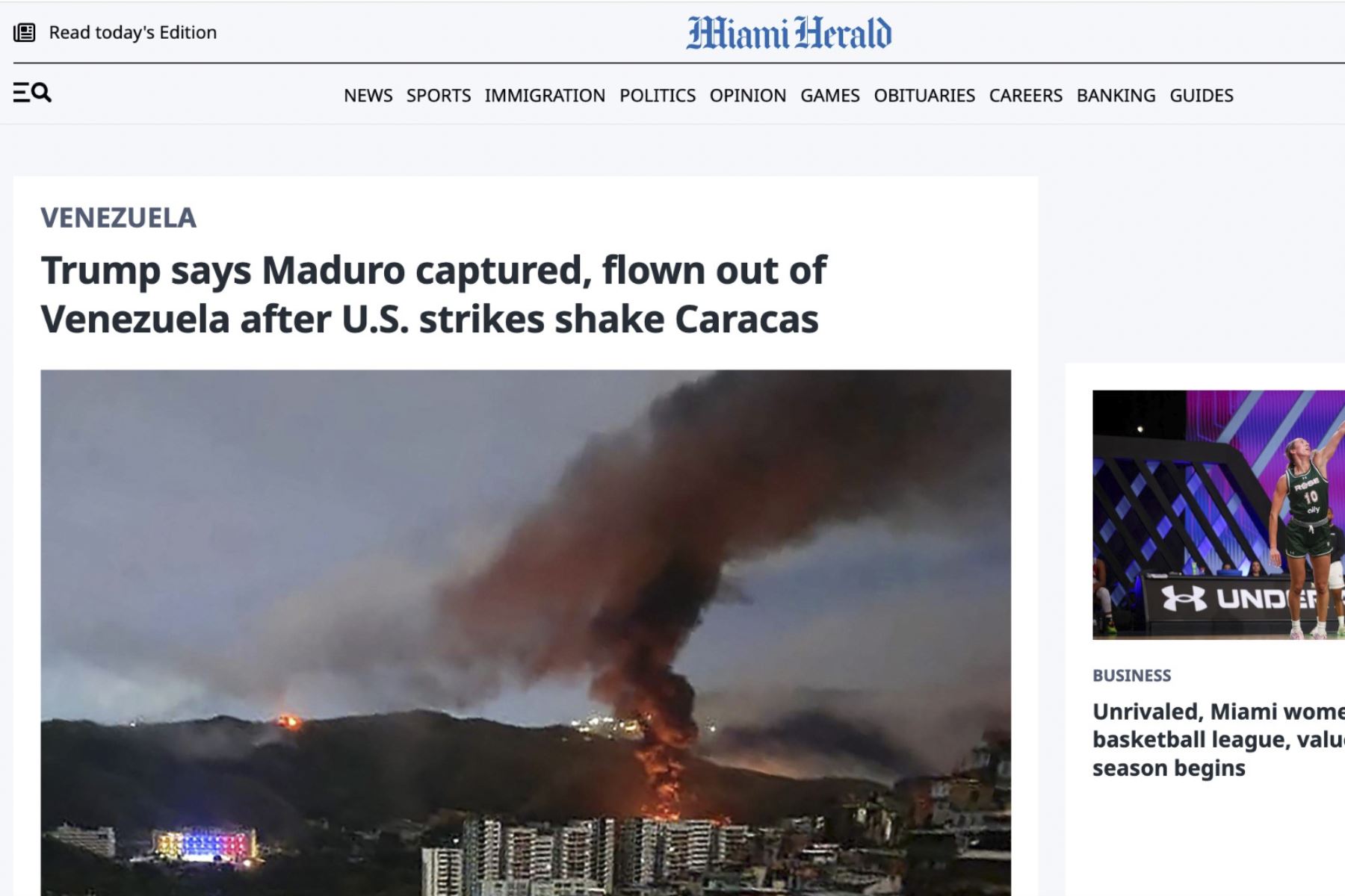 Miami Herald informa sobre la captura de Nicolás Maduro en venezuela. Foto: Captura