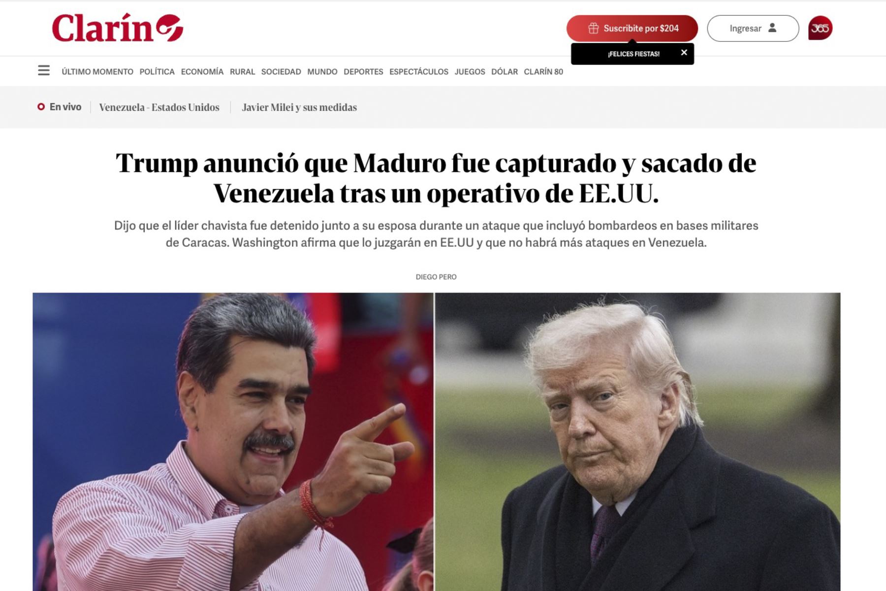 El Clarín informa sobre la captura de Nicolás Maduro en venezuela. Foto: Captura