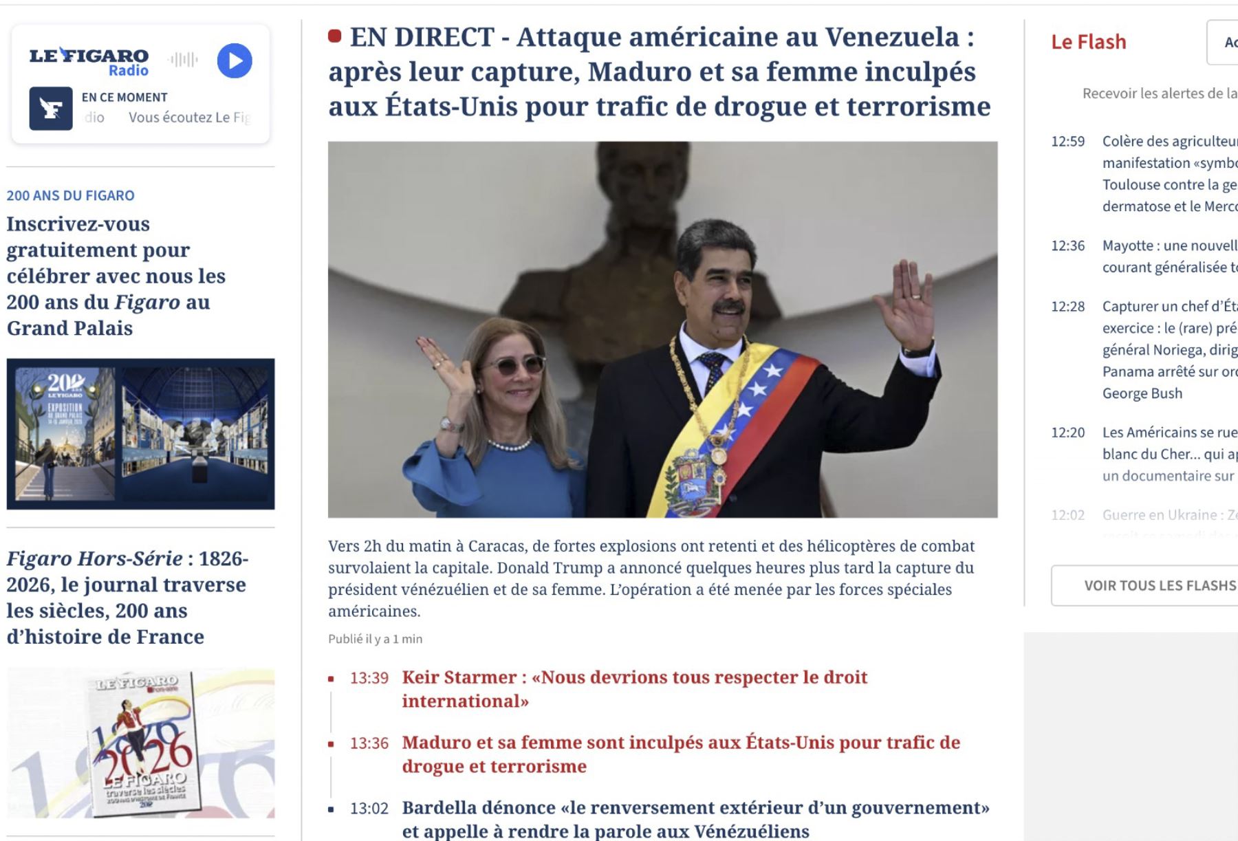 Le Figaro informa sobre la captura de Nicolás Maduro en venezuela. Foto: Captura