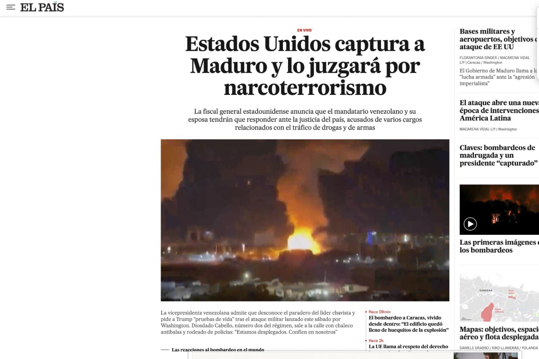 El País informa sobre la captura de Nicolás Maduro en venezuela. Foto: Captura