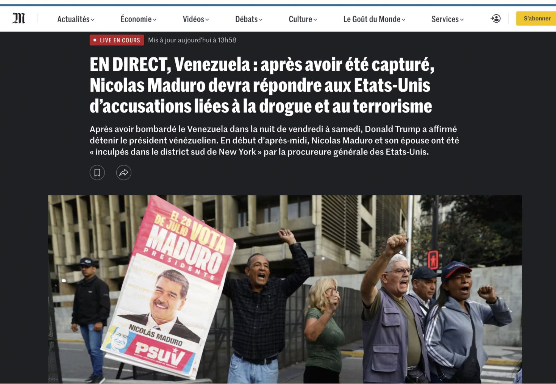 Le Monde informa sobre la captura de Nicolás Maduro en venezuela. Foto: Captura