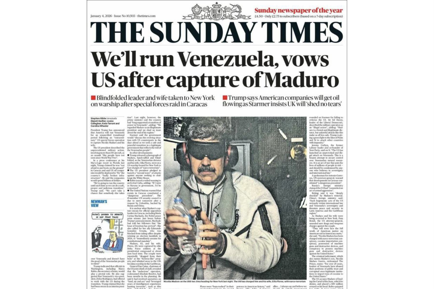 Así informó The Sunday Times sobre la captura de Nicolás Maduro. Foto: captura