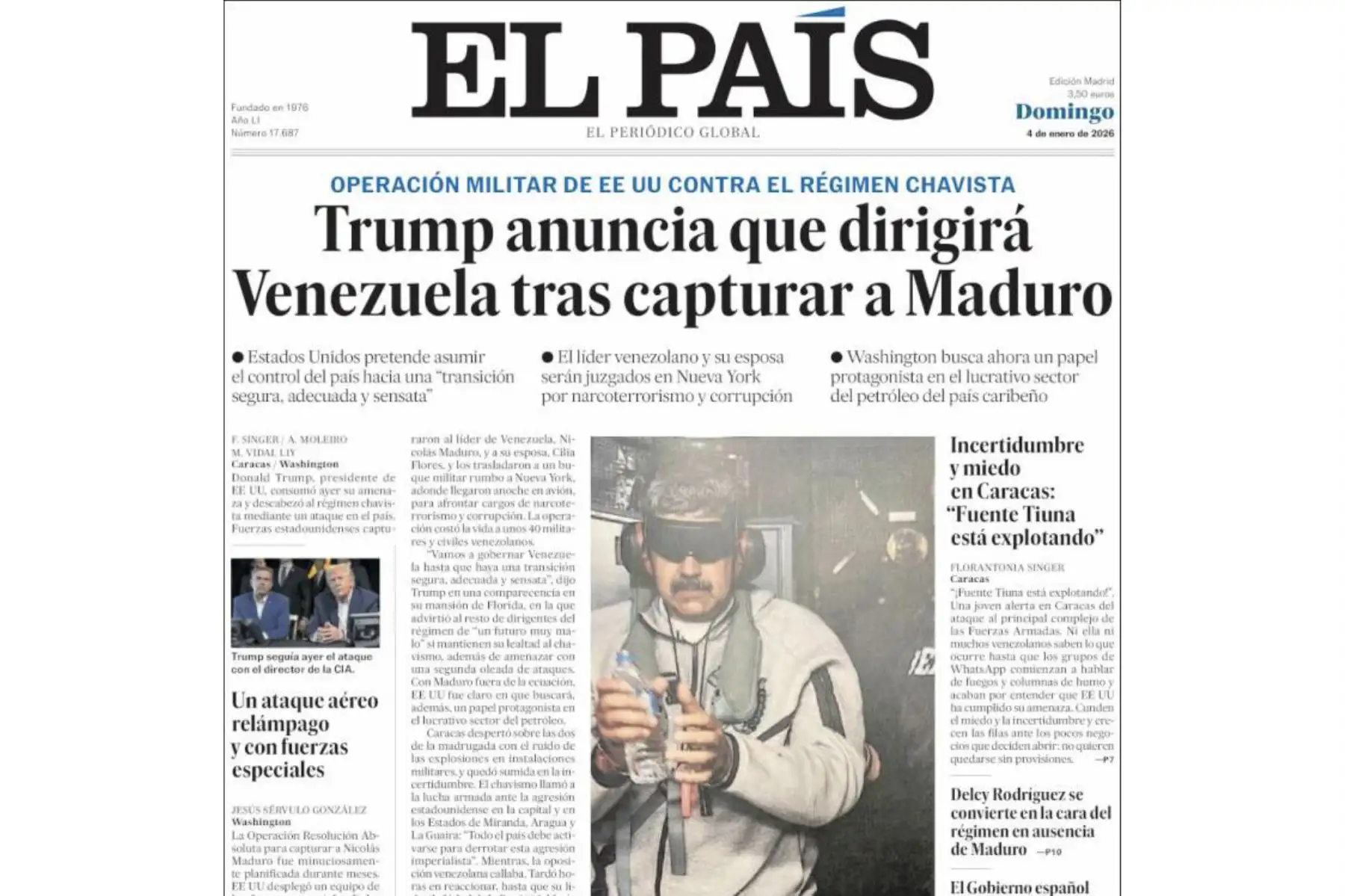 Así informó El País sobre la captura de Nicolás Maduro. Foto: captura